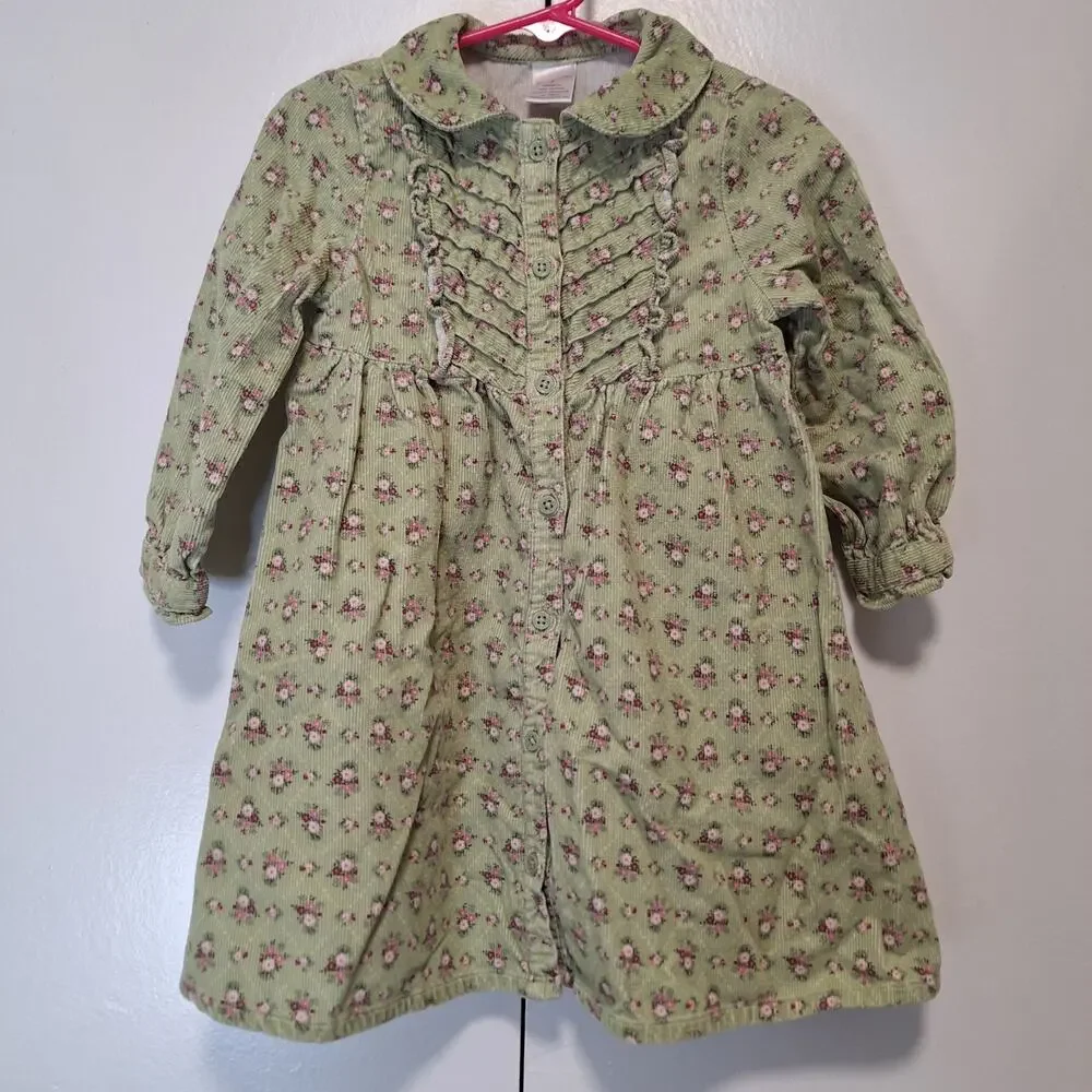 Gymboree Green Floral Corduroy Button Up Dress 3T